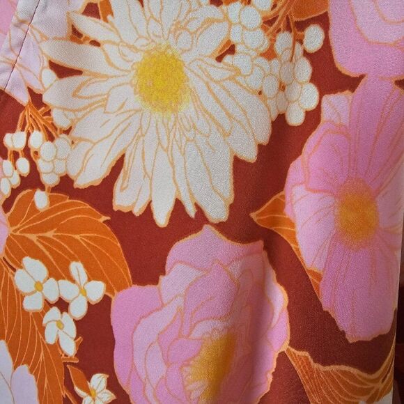 EUC LIKE NEW LUSH PINK / BROWN FLORAL V NECK BATWING SLEEVES TOP SIZE L - Picture 8 of 13